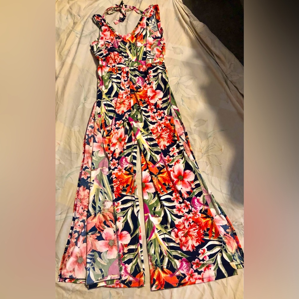 Venus Jumpsuit Women Med. Deep V f/b, Tropical, Wide Split Leg, Summer Vacation